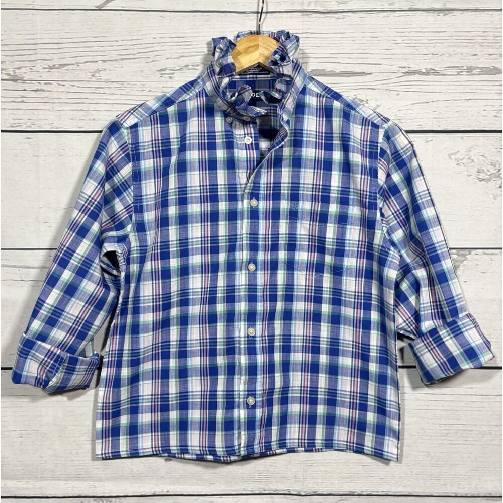 Reworked Ruffle Collar Top XS/ S Blue White Pink Plaid Upcycled Preppy